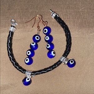 Handcrafted Evil Eye Bracelet and Earring Set - Blue and Black